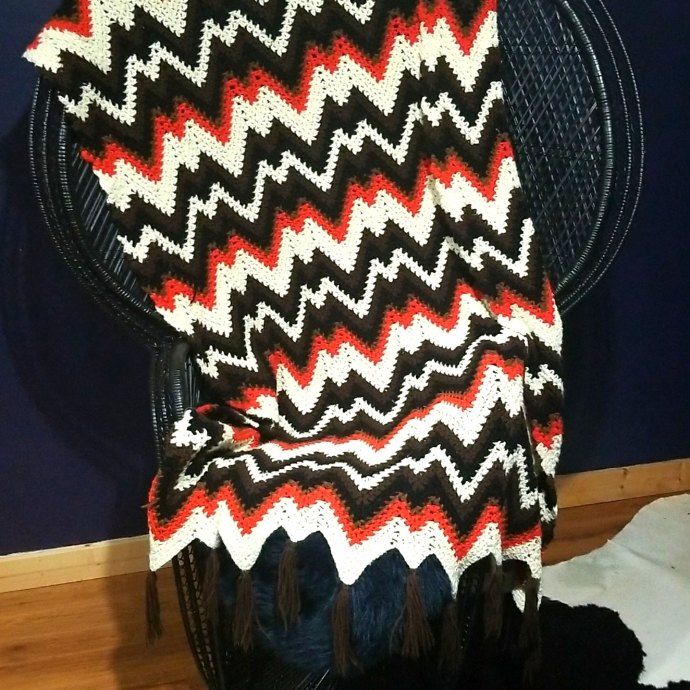 Handmade crochet Afghan  blanket with tassles retro colors. Lightweight